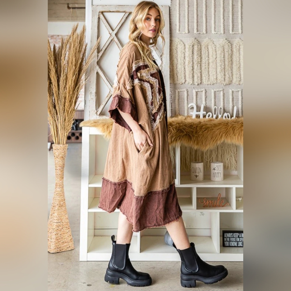 🐼#703 OLI & HALI WASHED STAR PATCHWORK COLORBLOCK KIMONO - Picture 4 of 6
